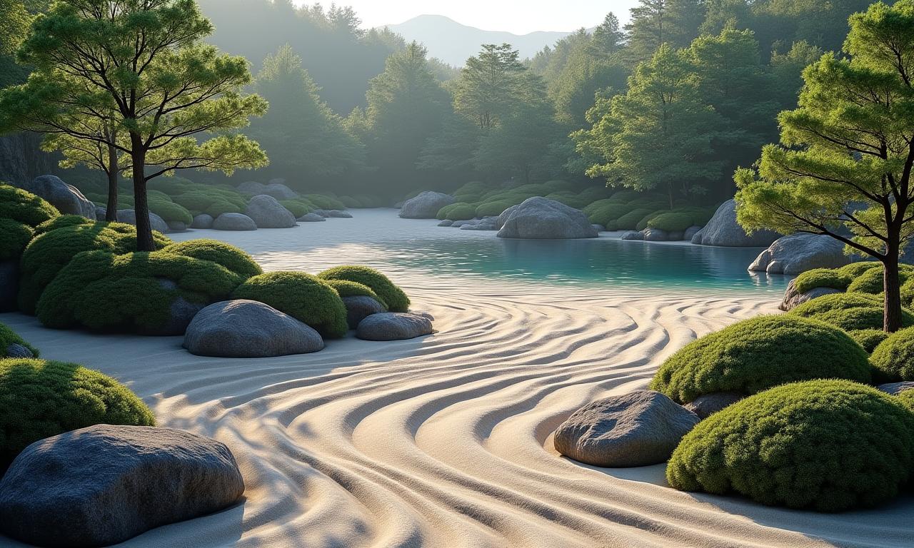 伝統的な日本庭園と海の要素が融合した、広々とした美しい庭園の眺め