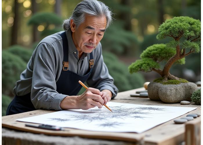 庭の設計図を熟考する熟練のランドスケープデザイナー
